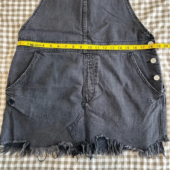 Free People Black Denim Distressed Hem Overall Mini Dress | Size 12 - Picture 8 of 10